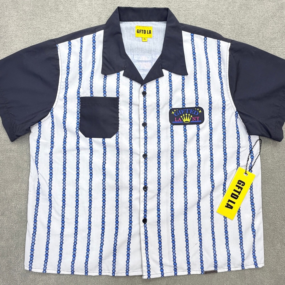 New GFTD LA Mens XL Short Sleeve Button Up Shirt Navy White Watch Graphic NWT